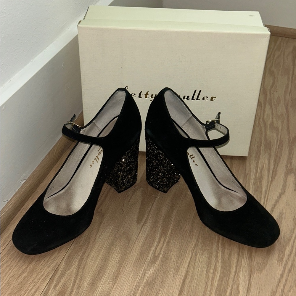 Bettye Muller Black Brilliant Suede Heels with Glitter Block sz 9.5